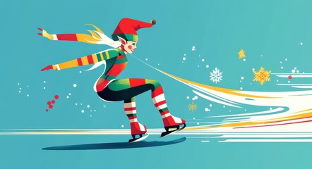 Fototapeta premium Festive elf ice skating in bright winter scene with snowflakes