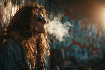 Person with Long Hair Exhaling Smoke in an Urban Environment