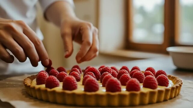 Raspberries being added to a tart