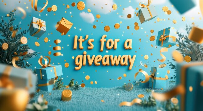 Giveaway background with floating gifts, coins, and vibrant festive decorations
