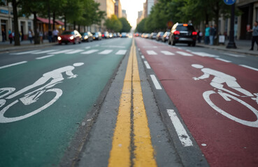 Cyclist rides on city street with pedestrian walking in background. Lively cityscape with buildings, trees. Cyclist pedals towards left, leaving tire tracks on asphalt. City street with motion, scale.