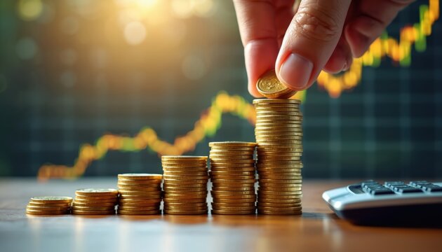 Rising stacks of gold coins with hand adding another coin. Background shows blurred financial graph with upward trend. Calculator nearby suggests financial planning and analysis for investment growth. - Powered by Adobe