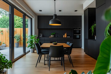 Modern small dining room interior with a black and white color scheme a dining table and chairs against the wall of cabinets minimalism black accents on the furnit