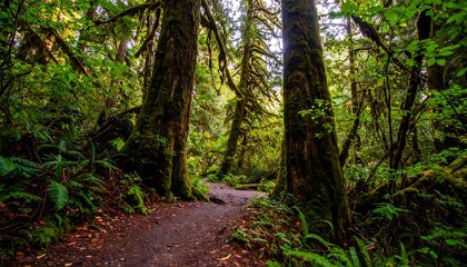 Obraz premium Lush forest path through moss-covered trees