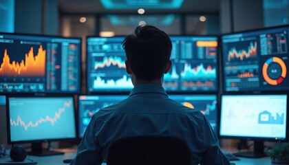 Data analyst studies financial metrics on multiple screens in modern office. Interactive dashboards display digital financial tools, real-time data. High-tech environment supports informed