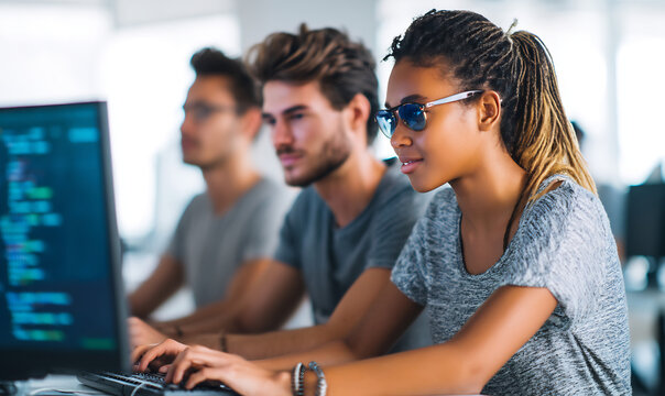 Multi-ethnic students coding together in bootcamp