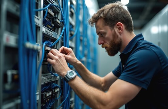 Electronics technician intently works on control cabinet in industrial setting. Man in blue shirt connects wires, focuses on technical task. Skilled professional installs equipment in data center