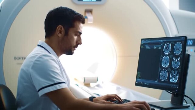 Man in white coat at computer analyzing brain scans in a medical examination room setting