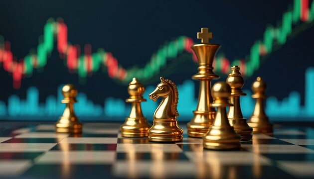 Golden chess pieces on board with stock market graphs in blurred background. Chessboard with strategic formation of pieces, knight, king stand out prominently. Investment, financial analysis