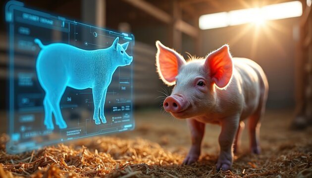 Piglet in farm barn stands near holographic display with AI technology interface showing animal data. Smart farming utilizes artificial intelligence for livestock management and automation. - Powered by Adobe