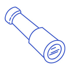 Spyglass in marine blue line art style. Hand drawn marine icon. Outline vector isolated illustration.