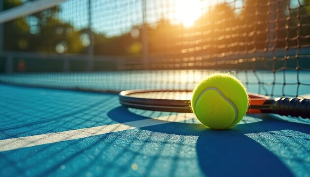 Close-up of padel tennis equipment on blue court surface. Bright yellow ball rests beside tennis racket near net. Sun shines intensely in background, creating lens flares and highlighting court lines.