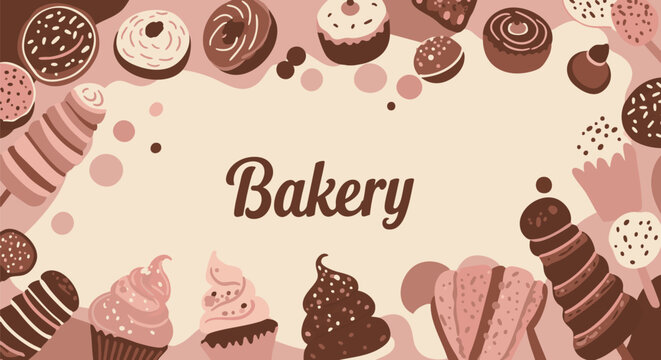 Bakery banner template with a frame of delicious chocolate sweets, cupcakes, and donuts. Vector illustration for confectionery design. - Powered by Adobe