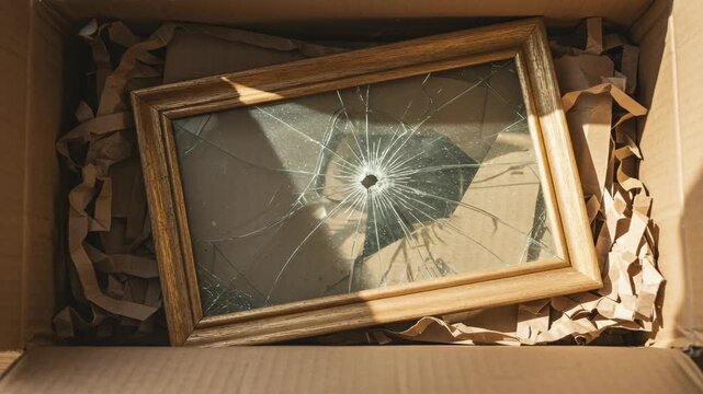 Broken Picture Frame in Cardboard Box with Crumpled Paper for Art Damage Awareness, Home Decor Blogs, Moving Tips, and Packing Guides  