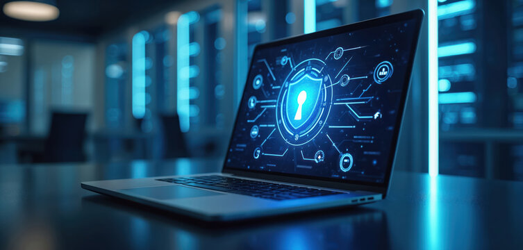 Laptop displays generative AI software update process with security shield icon. Features digital network interface, data flow, system progress. Modern technology for cybersecurity, data management,