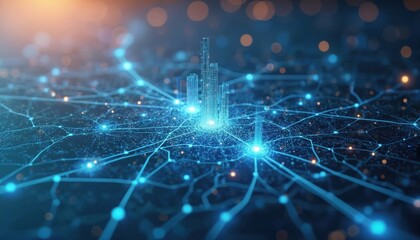 Futuristic city map illustration shows glowing digital network with connected dots, lines. Buildings visualized with wireframes on cyber map, suggesting advanced urban connectivity, global data flow.