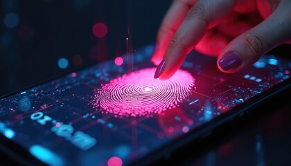 Biometric security verifies woman fingerprint on mobile phone for personal financial data access. Mobile banking app uses cybersecurity technology for secure login, data protection with digital