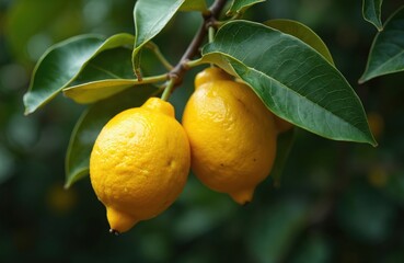 Two ripe lemons hang from tree branch surrounded by green leaves. Yellow citrus fruits fresh, organic, full of vitamin C, perfect for juice culinary use. Scene shows natural growth in garden orchard