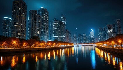 Modern city skyline at night with illuminated skyscrapers, vibrant lights reflected in water. Urban landscape features waterfront promenade with trees, streetlights, creating energetic, lively