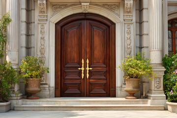 Double door mansion entrance made of rich mahogany wood, ornate gold handles, grand stone pillars