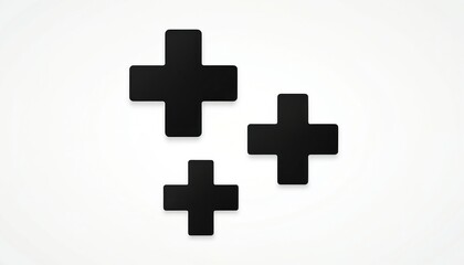 Fototapeta premium Illustration of three black plus signs on white background. Symbols represent medical aid, health, regeneration. Icons isolated, offer clean, modern design suitable for healthcare branding, emergency