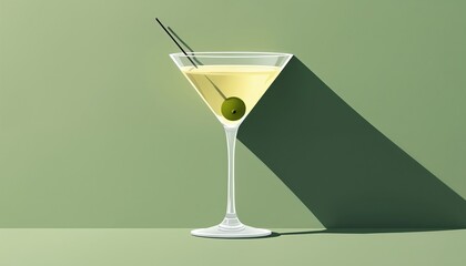 Minimalist illustration features martini glass with olive on green background. Sophisticated cocktail drink, glassware with long shadow. Perfect for bar settings, nightlife promotion, menu design.