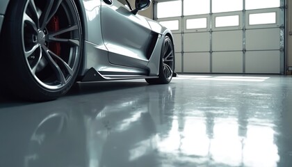 Modern sports car parked on glossy epoxy garage floor. Features durable, seamless, waterproof, polished finish ideal for automotive workshops, home improvement projects. Enhances vehicle display with