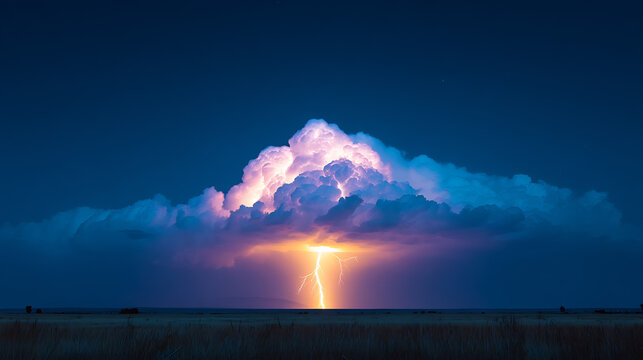 Powerful thunderstorm rolling over open plains with lightning