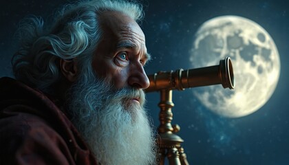 Galileo Galilei, old astronomer with white beard, hair, uses telescope to observe moon, stars. Intense gaze reflects deep curiosity, wonder about universe. Image evokes themes of discovery, science,