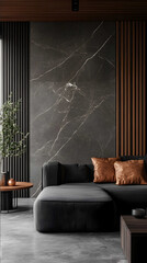 a living room with dark grey marble copper metal and black oak interior design interior design photography photography realistic photorealistic straight camera ang