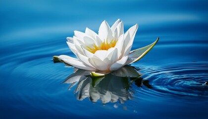 a delicate white lotus floats serenely in a peaceful expanse of blue water