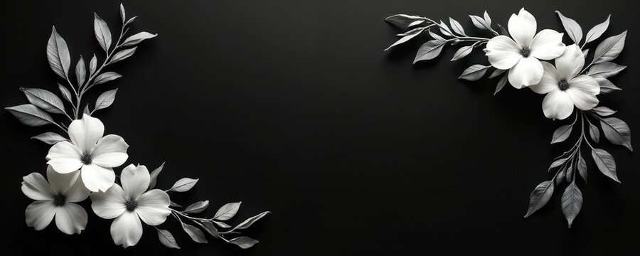 Elegant black, white floral wreath features delicate white dogwood blossoms, leaves on dark background. Minimalist design evokes serenity, peace, suitable for sympathy cards, invitations, memorial