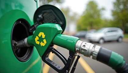 Green biofuel pump nozzle with prominent recycle symbol signifies eco-friendly sustainable alternative energy from organic waste materials. Focus on clean energy future for vehicles at gas station.