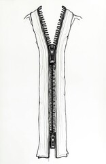 Illustration of open zipper with prominent metal slider on white background. Sketch style drawing features fastener, common in clothing, with unique outline, subtle vignetting adding artistic flair.