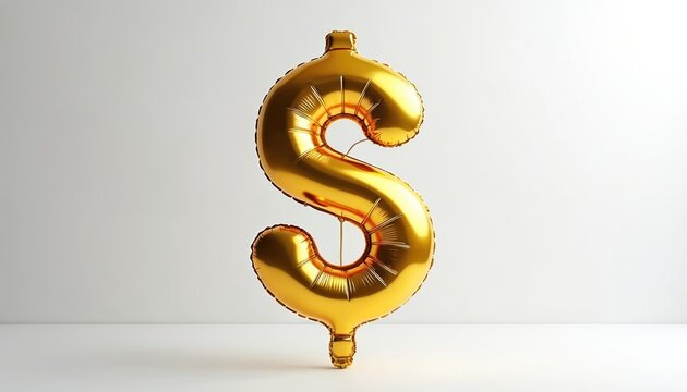 Shiny gold dollar sign balloon floats against a clean white background. This metallic symbol of wealth, prosperity, and financial success is perfect for business, finance, or celebration themes.