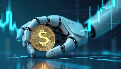 Robotic hand holds golden coin with dollar sign against blue digital background with financial charts. Ai, fintech, automation, digital currency, investment growth. Advanced technology in finance.