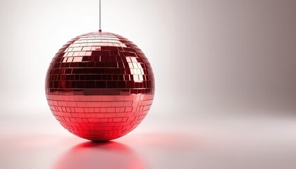 Red disco ball hangs centrally against a clean white background. Spherical object features glossy mirrored surface reflecting light. Modern illustration for parties, clubs, and celebratory themes.