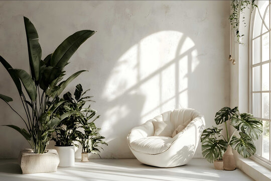 Add decor in front of the wall modern scandinavian indoor set design studio bright furnitures Green plants neutral color palette Modern cozy white lounge chair.jpe
