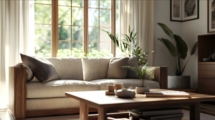 34 view and low angle middle shot of the realistic rustic contemporary living room theres a sofa with a window behind it and a coffee table in front of the sofa Th