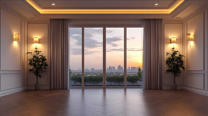 Obraz premium A clean and tidy hall of an undecorated house a French window and two French windows simple light curtains two small wall lamps hanging on the wall wooden floor an