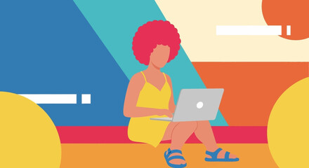 Vibrant illustration of a modern woman with an afro hairstyle, comfortably using her laptop against a dynamic, colorful, abstract background, symbolizing digital lifestyle.