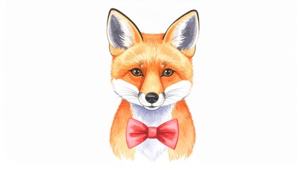 Obraz premium cute cartoon fox with red bow tie, white chest and tail tip, kawaii style
