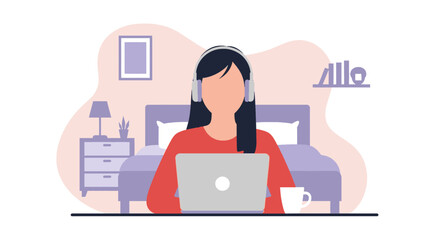 A focused young woman in headphones diligently works on her laptop from the comfort of her cozy bedroom, embodying the modern remote work lifestyle.