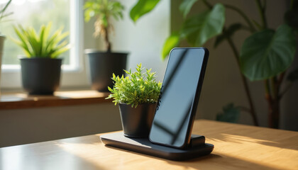Fototapeta premium Smartphone rests on wireless charging pad. Small potted plant sits beside device. Wooden desk, blurred indoor plants background. Natural light, clean, modern office or home workspace.