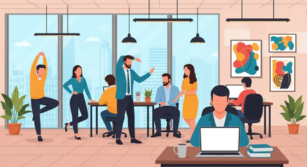 A vibrant modern office environment where diverse professionals engage in various activities, from focused work to promoting well-being and a healthy work-life balance.