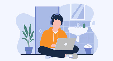 A young person wearing headphones is comfortably working or studying on a laptop while sitting on the floor in a modern, minimalist room.