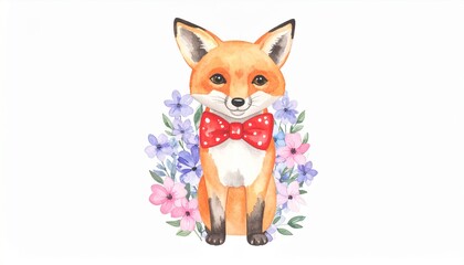 Fototapeta premium cute cartoon fox with red bow tie, white chest and tail tip, kawaii style