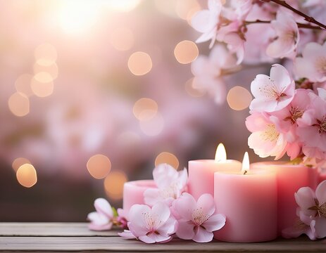 soft pink spring flowers with candles and blurred background with copy space