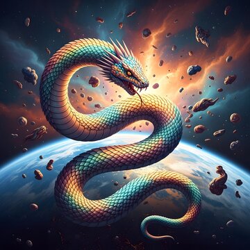 Vibrant pixelated rainbow colored serpent coils above earth against a dynamic space backdrop with asteroids and warm orange light, blending fantasy with cosmic scenery.