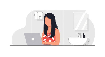 Modern flat illustration of a young professional woman engaged in remote work on her laptop, emphasizing productivity and flexible working arrangements.